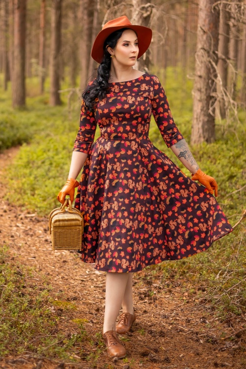 Topvintage Boutique Collection - Adriana herfst swing jurk in wijnrood en oranje