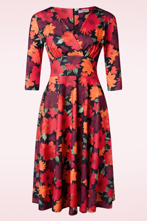 Vintage Chic for Topvintage - Maddison floral swing jurk in rood en oranje 