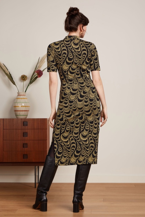 King Louie - Cheongsam Style jacquard midi jurk in zwart 3