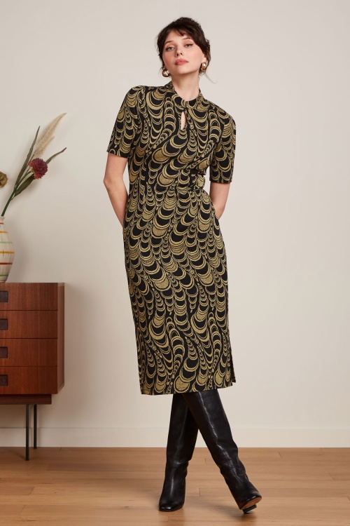 King Louie - Cheongsam Style jacquard midi jurk in zwart