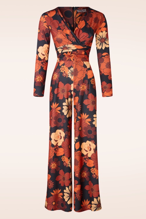 Vintage Chic for Topvintage - Liana Retro Floral jumpsuit in zwart en oranje