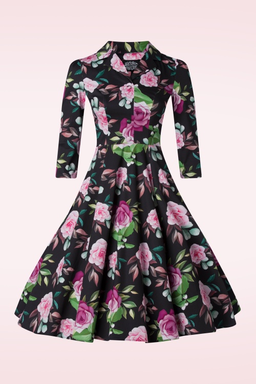 Hearts & Roses - Helen Floral swing jurk in zwart en multi 5