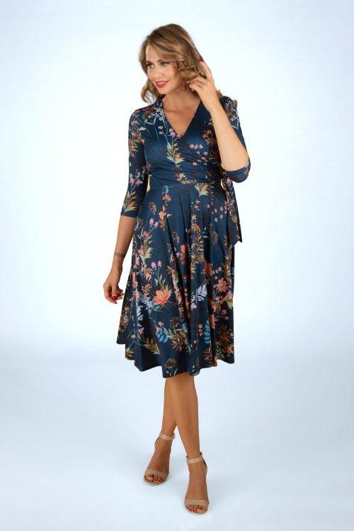 Vintage Chic for Topvintage - Colette floral swing jurk in petrol