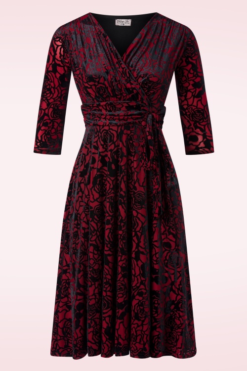 Vintage Chic for Topvintage - Aria Velvet Flowers swing jurk in dieprood