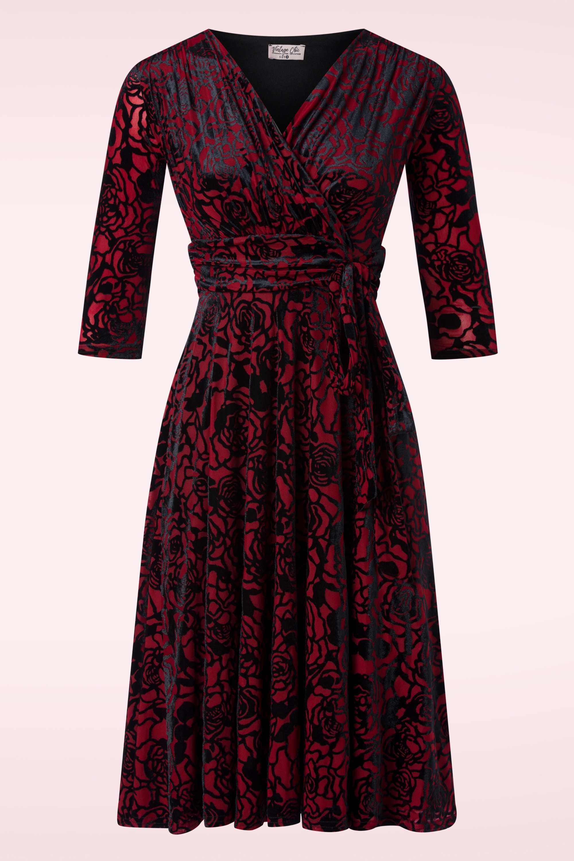 Vintage Chic for Topvintage - Aria Velvet Flowers swing jurk in dieprood