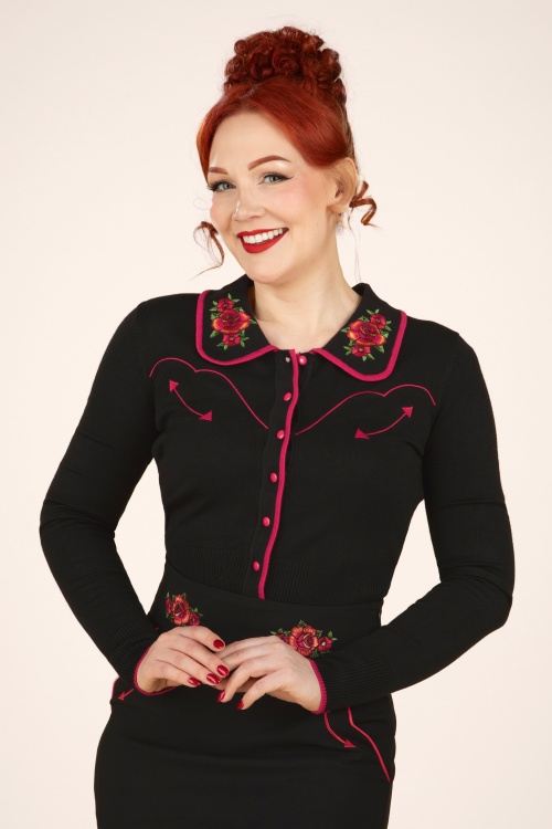 Vixen - Rose embroidery collar cardigan in zwart