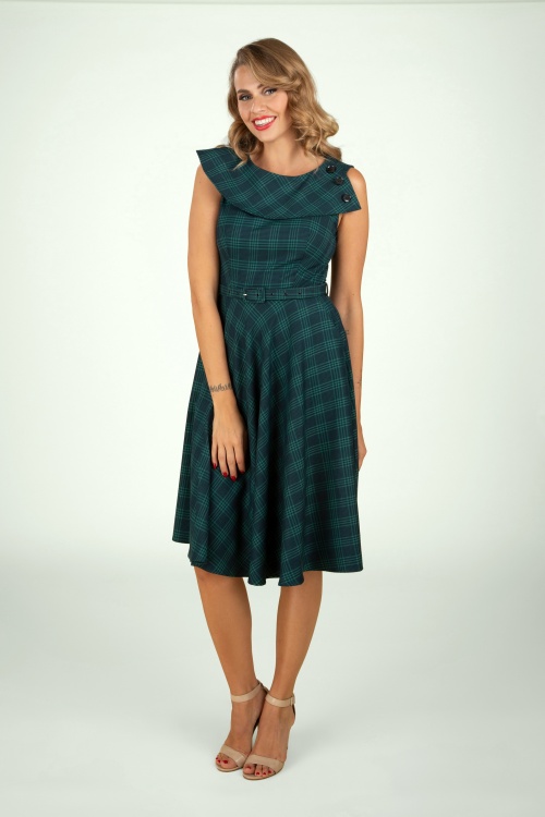 Vixen - Mira plaid swing jurk in smaragdgroen