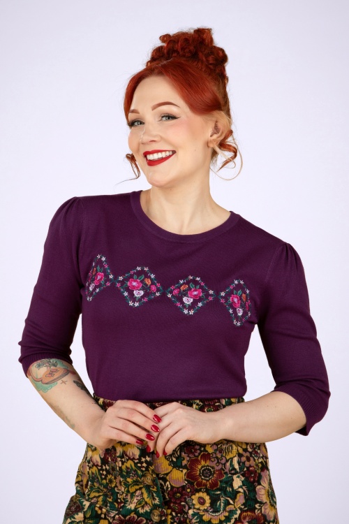 Vixen - Floral embroidery sweater in paars