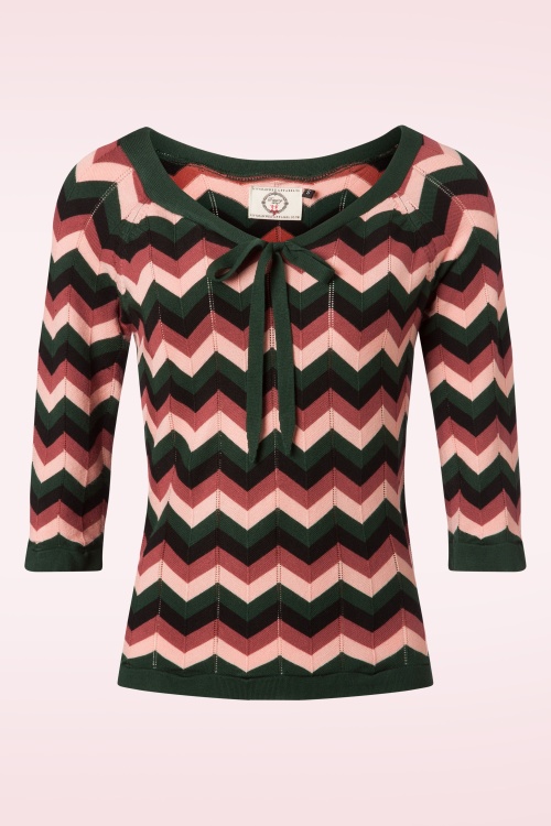 Banned Retro - Zooey Zig Zag Bow Top in groen en roze 2