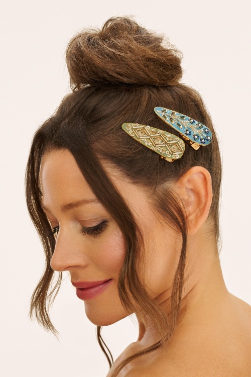 Powder - Jewelled haarclips in saliegroen en tealblauw