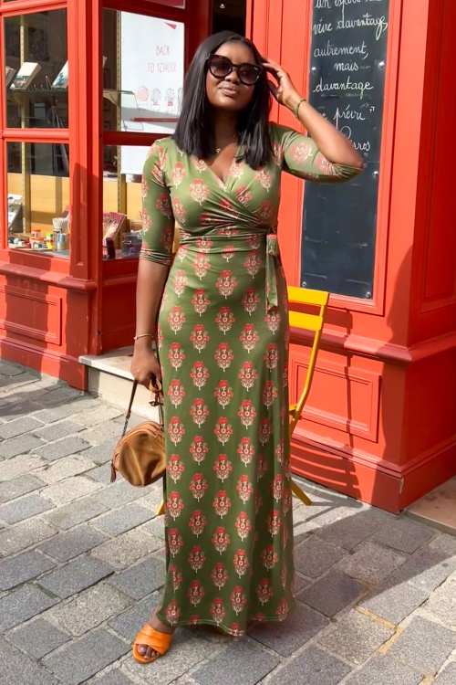 Vintage Chic for Topvintage - Fresia flower maxi jurk in groen en rood