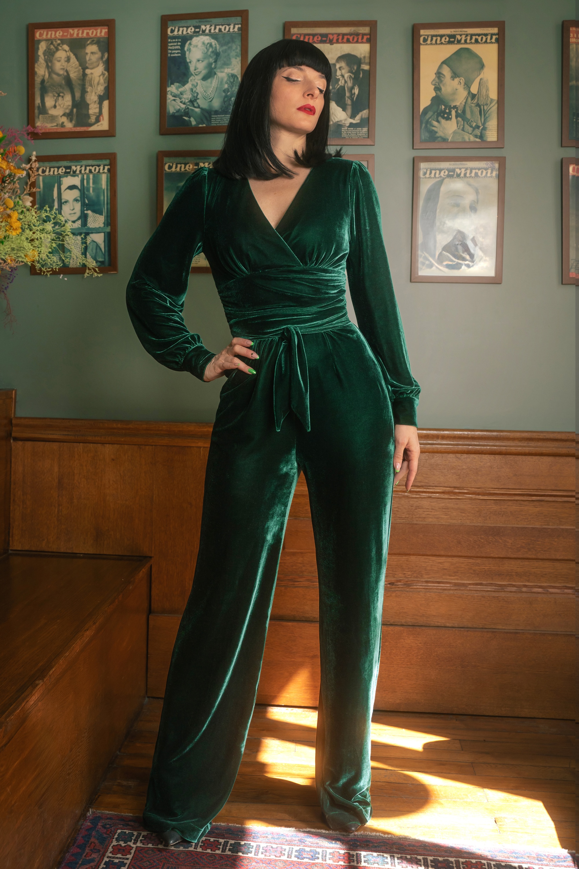 Vintage Diva  - Celeste fluwelen jumpsuit in smaragdgroen