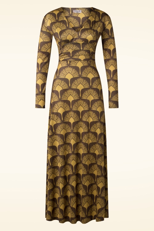 Vintage Chic for Topvintage - Mariana waaier print maxi jurk in mosterdgeel en bruin