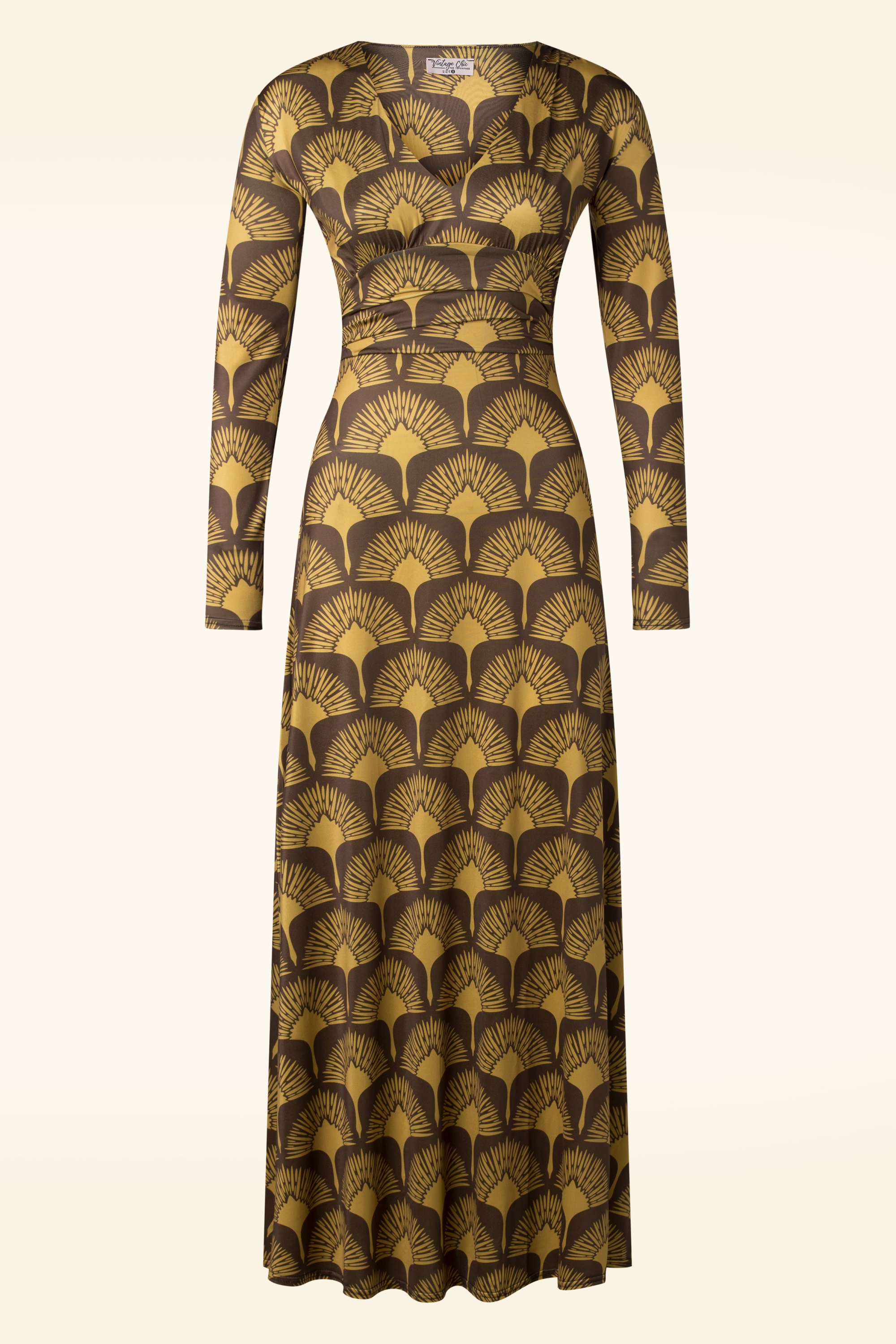 Vintage Chic for Topvintage - Mariana waaier print maxi jurk in mosterdgeel en bruin