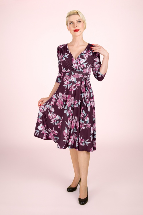 Vintage Chic for Topvintage - Aria floral swing jurk in wijnrood