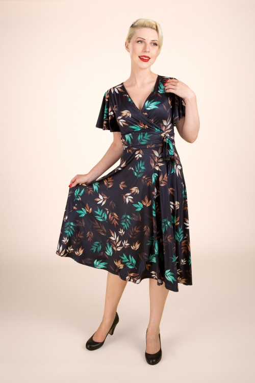 Vintage Chic for Topvintage - Irene Leaves Cross Over swing jurk in zwart