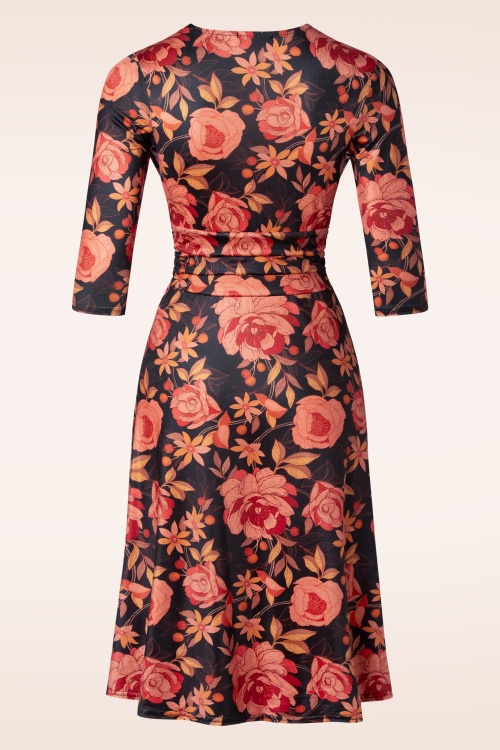 Vintage Chic for Topvintage - Luna knotted floral swing jurk in zwart en oranje 3