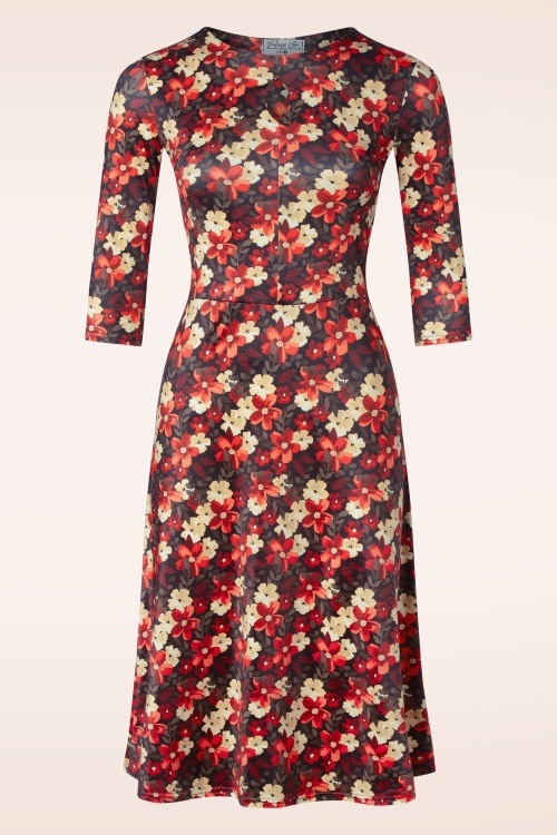 Vintage Chic for Topvintage - Martha floral swing jurk in zwart en oranje