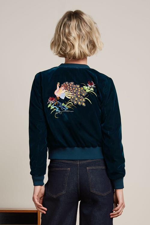 King Louie - Bessie Gamine Velvet Bomber jasje in vijverblauw 2