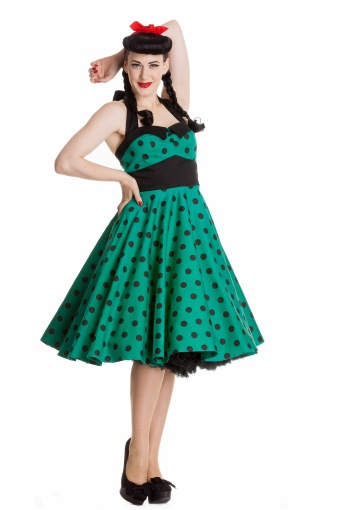 Adelaide 50s Swing Halter Dress in Green Black Polka Dot