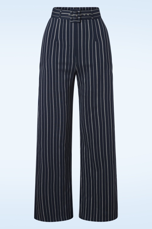 Vintage Chic for Topvintage - Sasha krijtstreep pantalon in navyblauw en wit