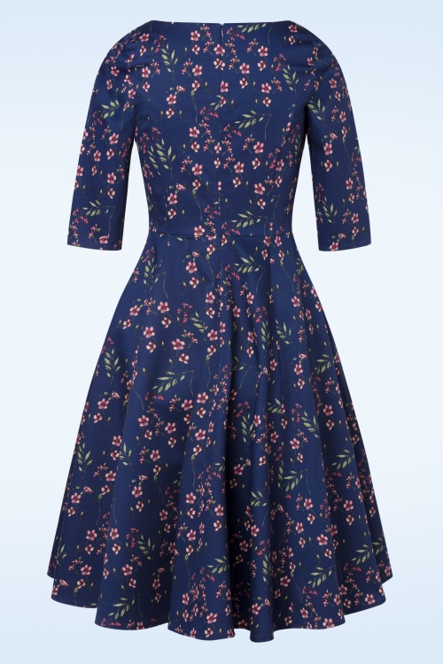 Topvintage Boutique Collection - Adriana Pink Blossom swing jurk in navyblauw 5