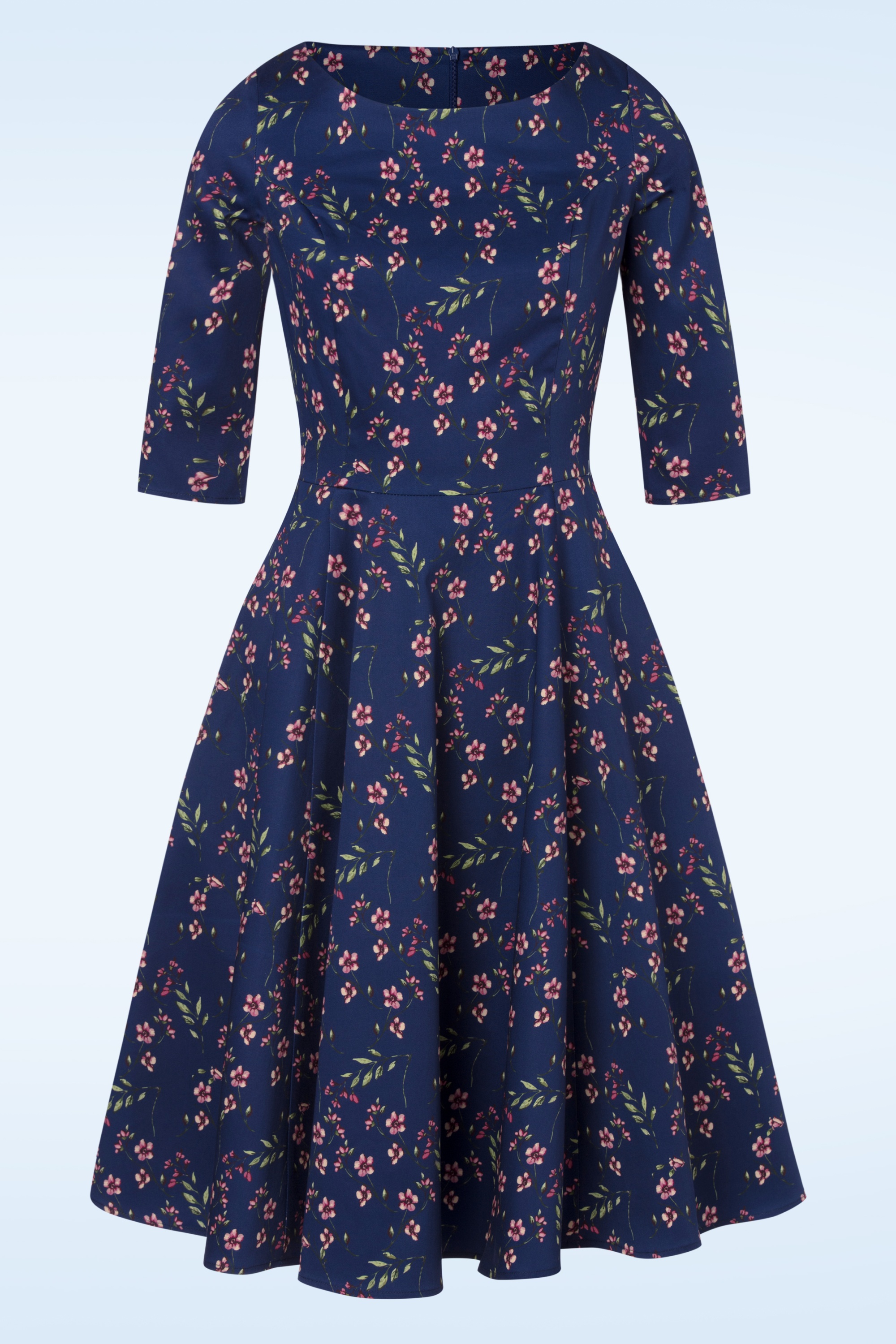 Topvintage Boutique Collection - Adriana Pink Blossom swing jurk in navyblauw 2