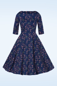 Topvintage Boutique Collection - Adriana Pink Blossom Swing Kleid in Marineblau. 6