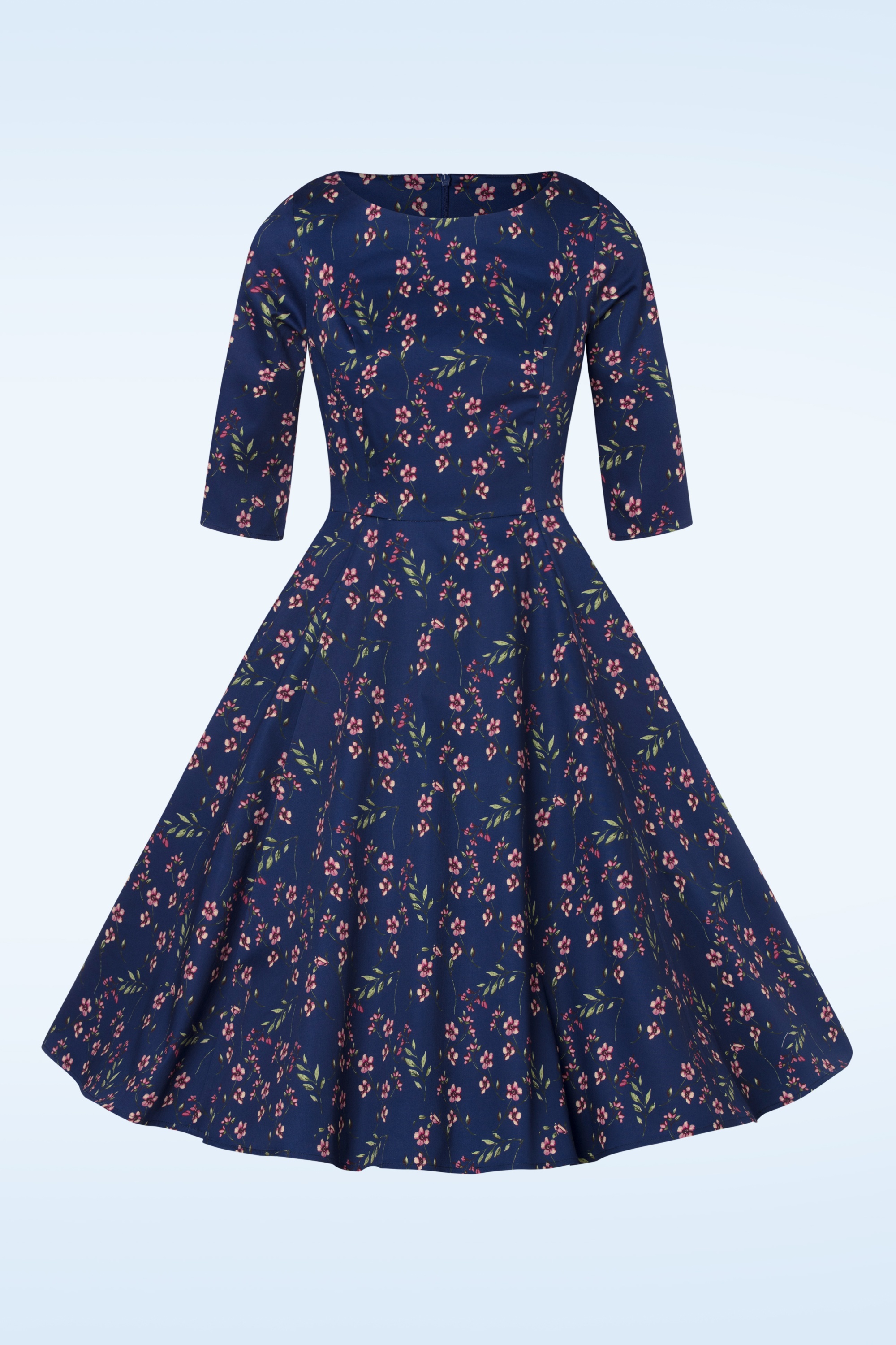 Topvintage Boutique Collection - Adriana Pink Blossom swing jurk in navyblauw 6