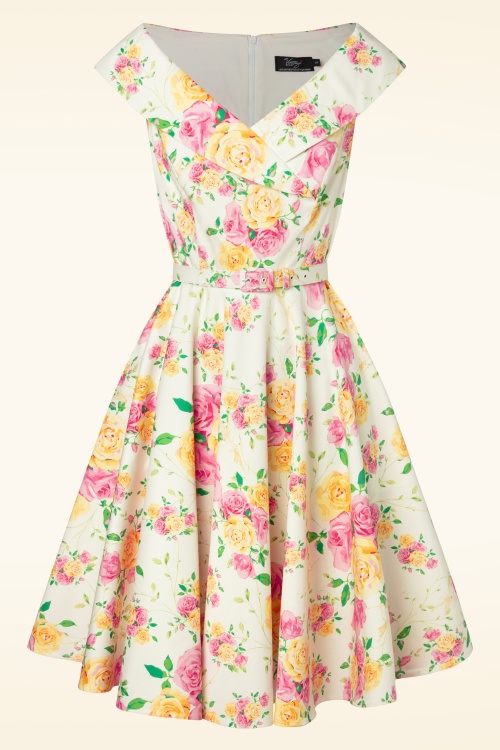 Vintage Diva - Aurelia swing jurk met roze en gele bloemen 2