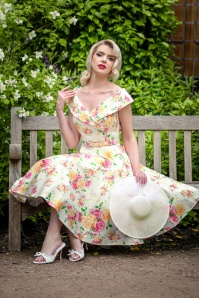 Vintage Diva  - Aurelia swing jurk met roze en gele bloemen