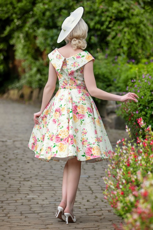 Vintage Diva  - Aurelia swing jurk met roze en gele bloemen 5