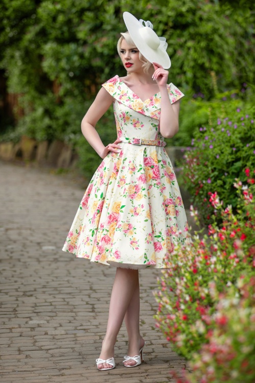 Vintage Diva  - Aurelia swing jurk met roze en gele bloemen 3