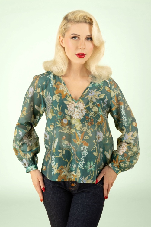 Topvintage Boutique Collection - Melissa Sheer Floral blouse in zachtgroen 2