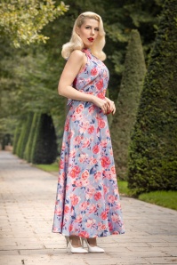 Topvintage Boutique Collection - Leonie Floral Halter Maxi Dress in Sky Blue