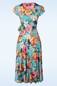 Vintage Chic for Topvintage - Layla Floral overslag swing jurk in turquoise en multi 3