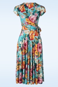 Vintage Chic for Topvintage - Layla Floral overslag swing jurk in turquoise en multi