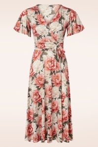 Vintage Chic for Topvintage - Irene Floral overslag swing jurk in crème en roze  2