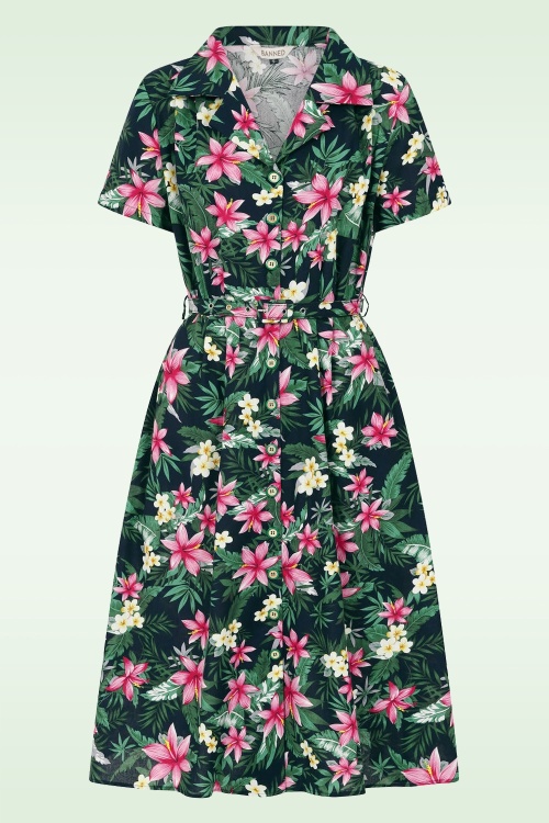 Banned Retro - Kate Tropical Button jurk in navy