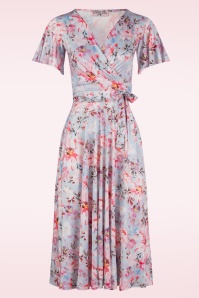 Vintage Chic for Topvintage - Irene Floral overslag swing jurk in baby blauw en multi