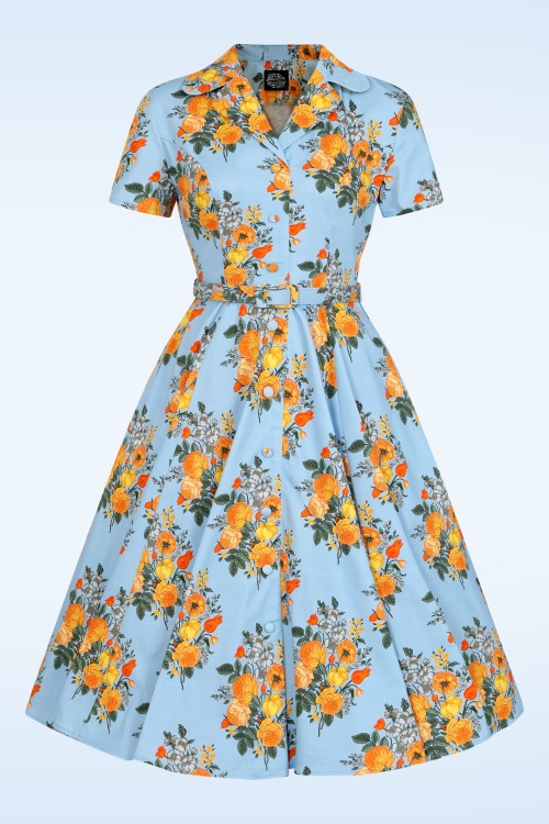 Hearts & Roses - Hallie bloemen swing jurk in licht blauw en oranje  2