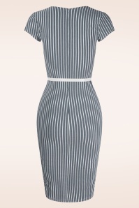 Vintage Chic for Topvintage - Lana Bengaline Striped pencil jurk in denim en wit 3