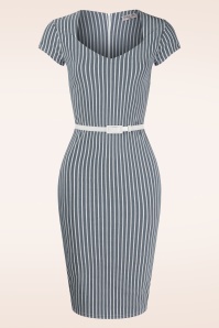 Vintage Chic for Topvintage - Lana Bengaline Striped pencil jurk in denim en wit
