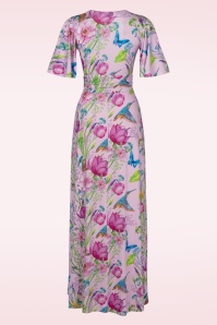 Vintage Chic for Topvintage - Clara maxi jurk met bloemen en kolibries in roze 3