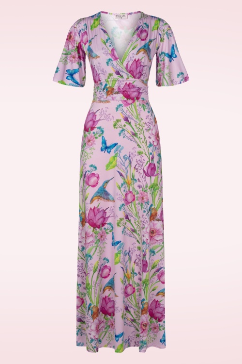 Vintage Chic for Topvintage - Clara maxi jurk met bloemen en kolibries in roze