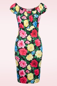 Vintage Chic for Topvintage - Ivy pencil jurk met bloemen in zwart en multi