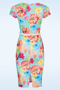 Vintage Chic for Topvintage - Abigail Tropical pencil jurk in lichtblauw en multi 3