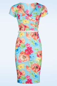 Vintage Chic for Topvintage - Abigail Tropical pencil jurk in lichtblauw en multi
