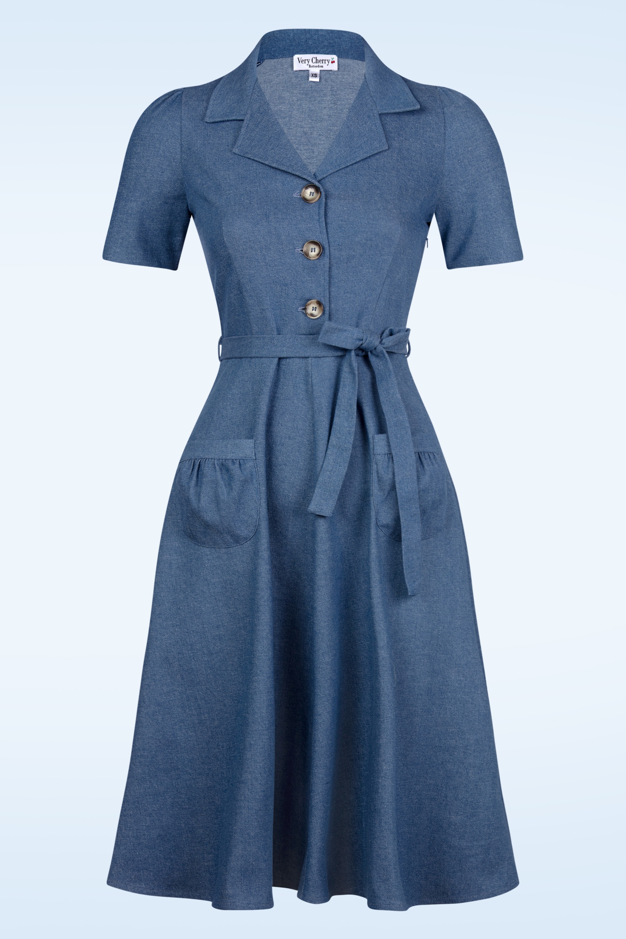 Very Cherry - Revers Denim midi jurk in indigo blauw