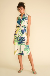 K-Design - Lillian Leave Print Midi Dress in Cream and Green